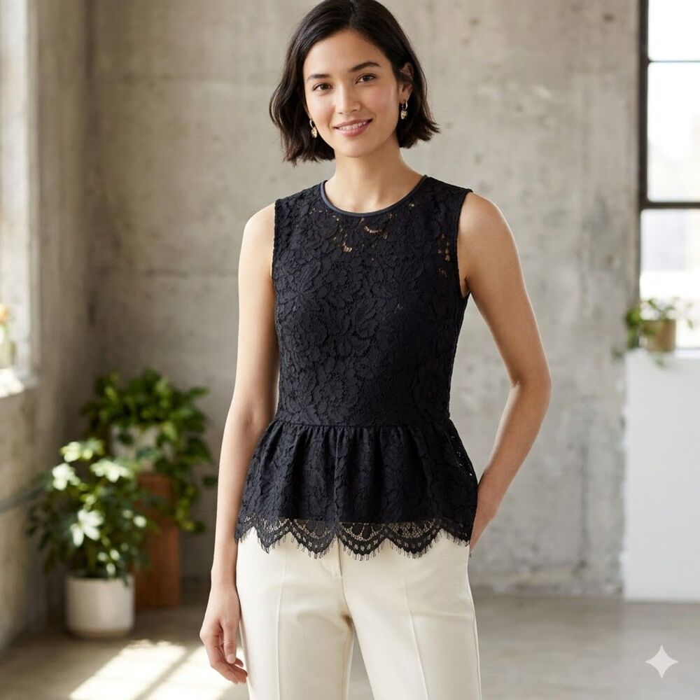 J.Crew Black Lace Top Peplum Sleeveless Size 6 Feminine Delicate Girlie